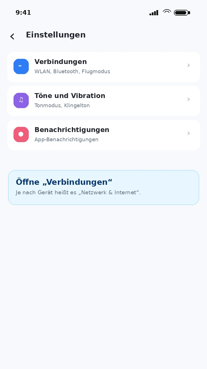 Android Einstellungen mit Menüpunkt Verbindungen