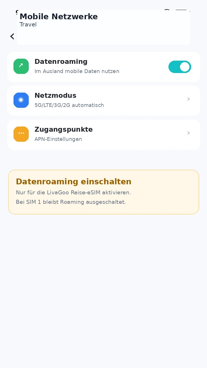 Android Datenroaming für Reise-eSIM aktiviert