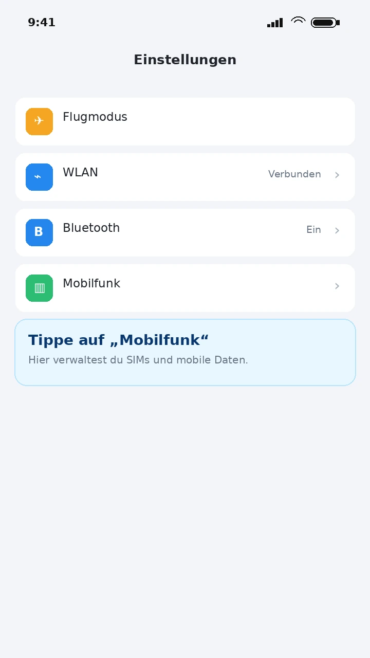 iPhone Einstellungen mit hervorgehobenem Menüpunkt Mobilfunk
