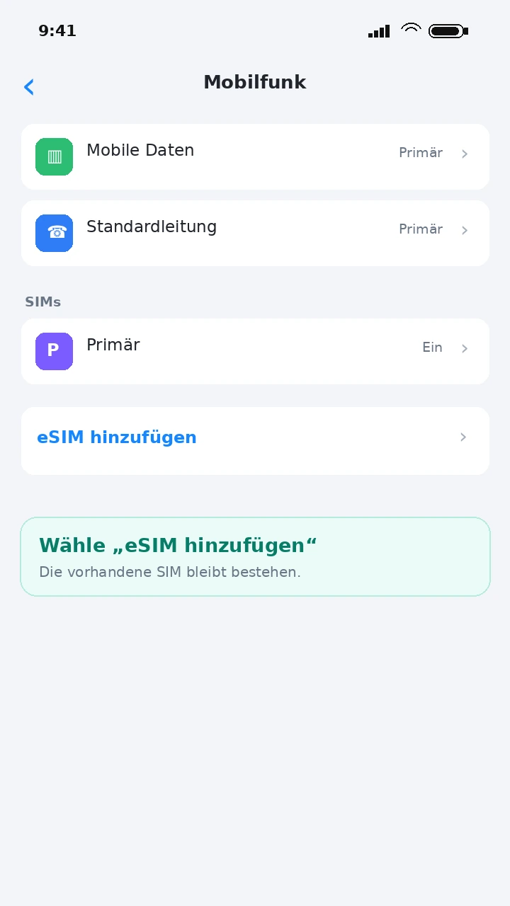 iPhone Mobilfunkmenü mit eSIM hinzufügen