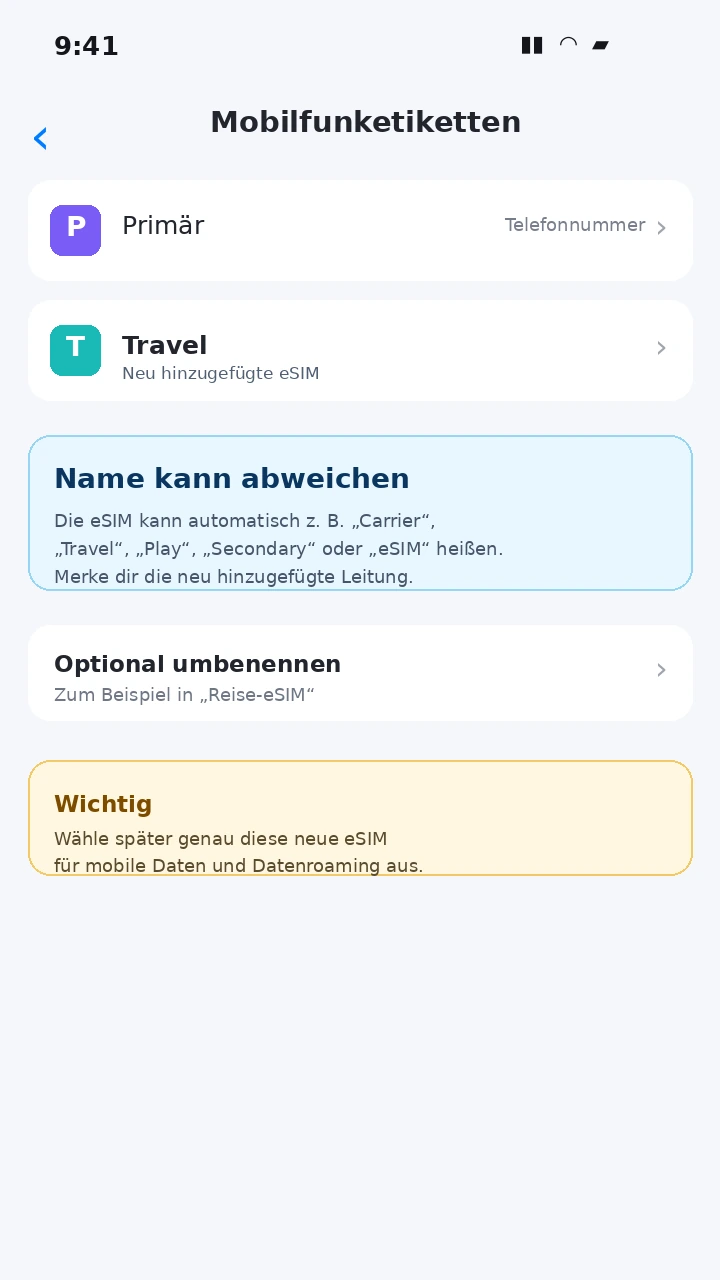 iPhone Mobilfunketikett einer Reise-eSIM