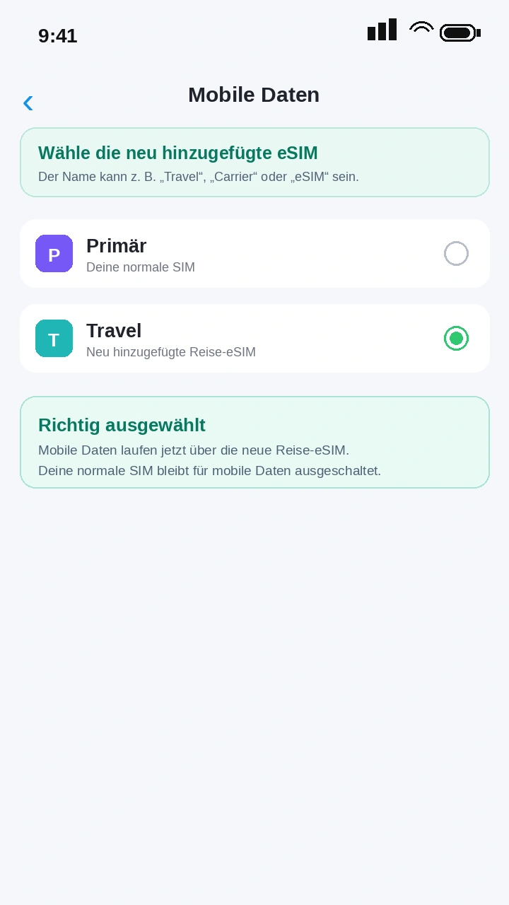 iPhone Auswahl der neu hinzugefügten eSIM für mobile Daten