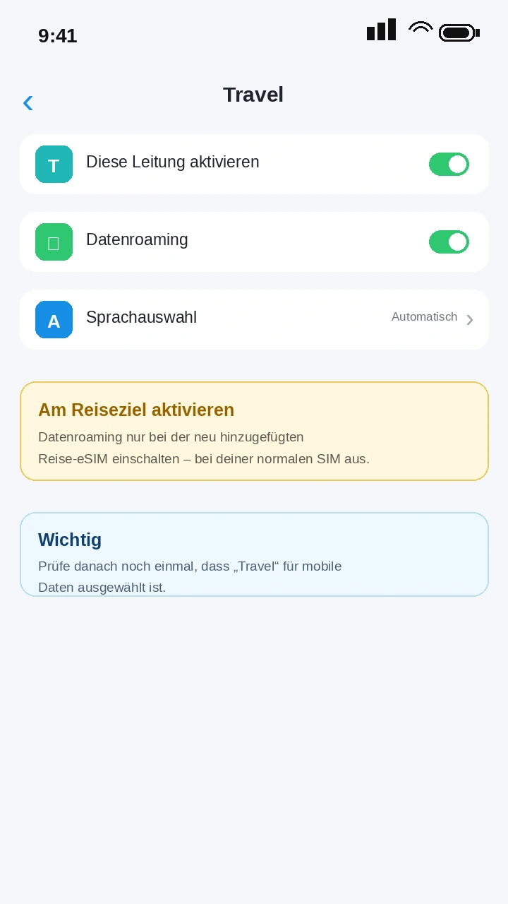 iPhone Datenroaming für die Reise-eSIM aktiviert